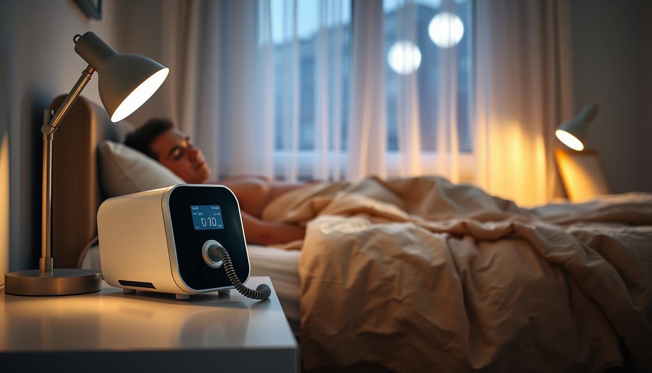 A calmly lit bedroom scene featuring a modern sleep apnea machine resting on a bedside table. In the foreground, an individual in comfortable sleepwear, peacefully asleep, highlighted softly by the gentle glow of a bedside lamp. The middle ground depicts a cozy bed with plush pillows and a warm, inviting blanket, exuding a sense of tranquility. In the background, a window with sheer curtains allows soft moonlight to filter in, casting a serene aura over the room. The atmosphere is peaceful and restful, emphasizing the theme of improved sleep quality, with subtle details hinting at a harmonious environment conducive to sleep.