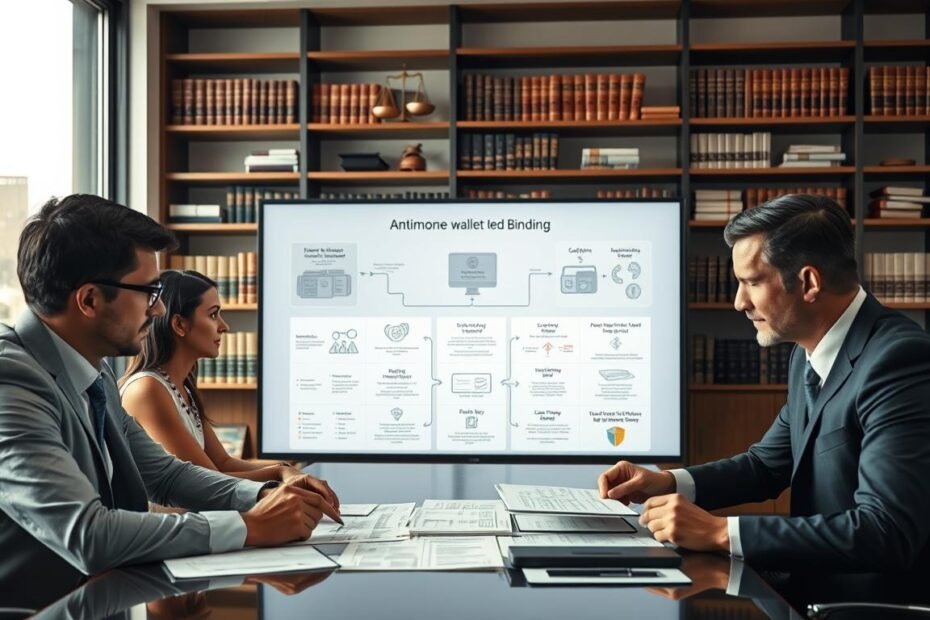 A sophisticated office environment depicting a corporate setting focused on compliance and security measures. In the foreground, a diverse group of professionals—two men and one woman—dressed in formal business attire, are engaged in a discussion around a table, analyzing documents related to anti-money laundering procedures. In the middle ground, a large screen displays intricate flowcharts and diagrams illustrating the electronic wallet binding process. The background features shelves filled with legal books and compliance resources, contributing to the atmosphere of diligence and professionalism. Natural lighting filters through large windows, creating a bright and inviting space. The mood exudes seriousness and focus, emphasizing the importance of adherence to regulations in the entertainment industry.