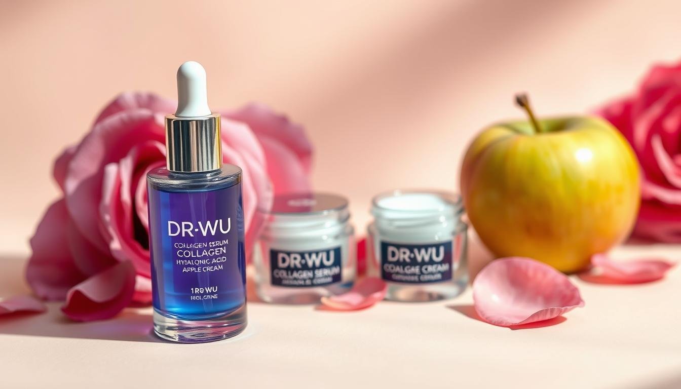 A beautifully styled flat lay composition showcasing DR.WU collagen products, elegantly arranged on a soft, pastel-colored background. In the foreground, a sleek bottle of DR.WU collagen serum glistens under soft, diffused natural lighting, emphasizing its luxurious packaging. Surrounding the bottle, delicate rose petals and small jars of hyaluronic acid and ceramide cream add depth and context. In the middle ground, a fresh apple sits beside the products, symbolizing the "apple cheeks" effect. In the background, gentle bokeh creates an ethereal atmosphere, enhancing the focus on the products. The overall mood is fresh, inviting, and professional, perfect for an article about skincare recommendations.