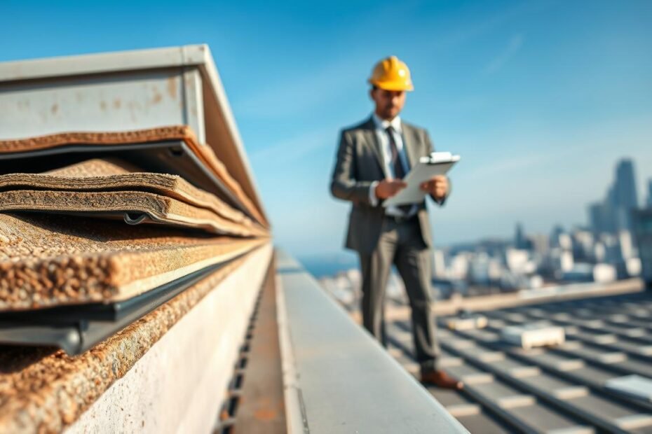 A close-up view of a flat roofing sheet installation on a commercial building, showcasing detailed textures and materials. In the foreground, highlight the roofing sheets with varying layers, emphasizing their durability and compliance features. In the middle ground, include a professional worker in business attire examining the roofing installation with a clipboard, illustrating the importance of regulatory compliance. In the background, depict a clear blue sky and the silhouette of a city skyline, signifying modern architecture. Use natural lighting to create a sense of professionalism and clarity, with a slight upward angle to emphasize the roofing sheets' significance in compliance. The atmosphere should convey a blend of innovation and reliability, highlighting the essential role of flat roofing sheets in regulatory adherence.