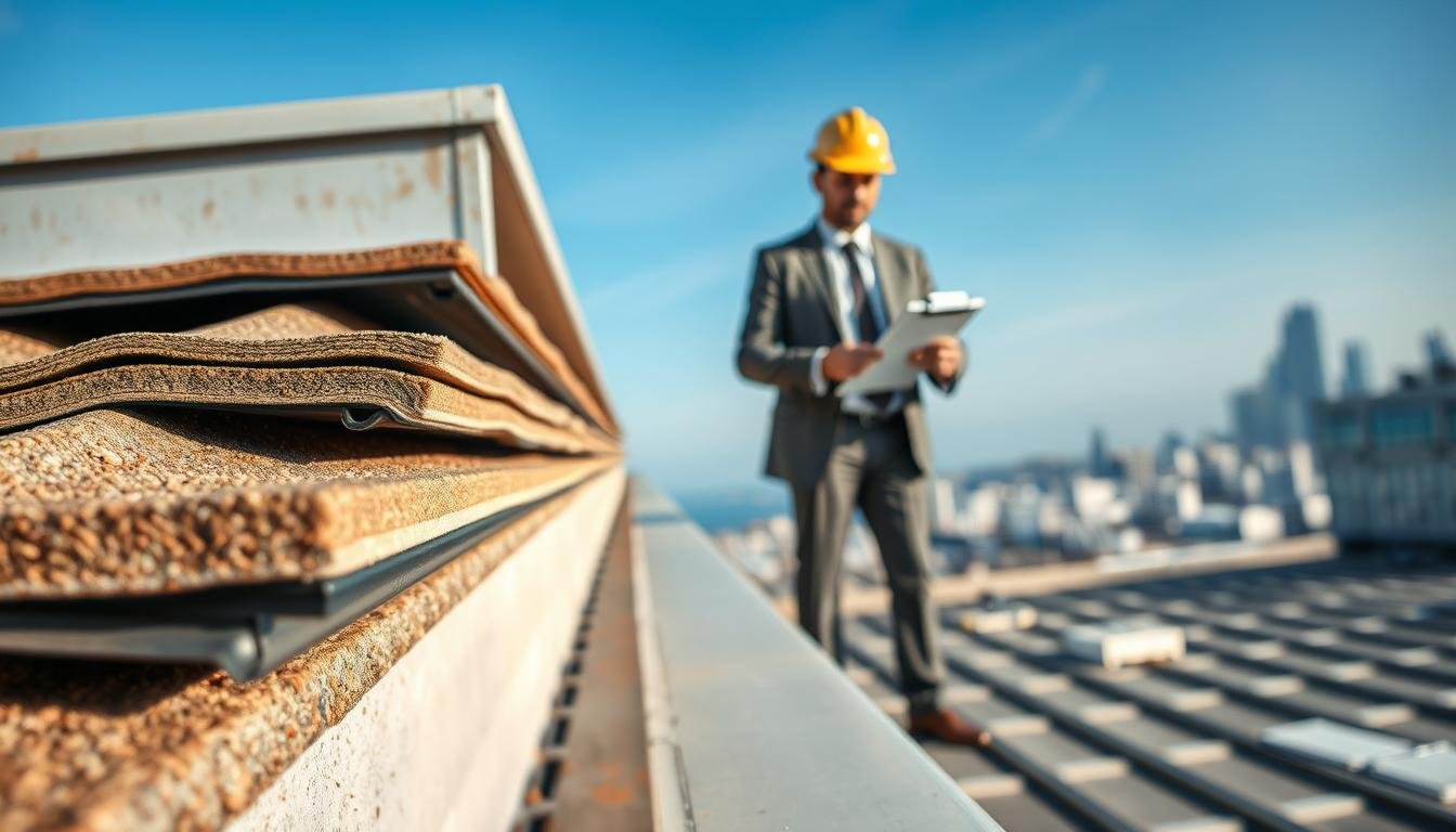 A close-up view of a flat roofing sheet installation on a commercial building, showcasing detailed textures and materials. In the foreground, highlight the roofing sheets with varying layers, emphasizing their durability and compliance features. In the middle ground, include a professional worker in business attire examining the roofing installation with a clipboard, illustrating the importance of regulatory compliance. In the background, depict a clear blue sky and the silhouette of a city skyline, signifying modern architecture. Use natural lighting to create a sense of professionalism and clarity, with a slight upward angle to emphasize the roofing sheets' significance in compliance. The atmosphere should convey a blend of innovation and reliability, highlighting the essential role of flat roofing sheets in regulatory adherence.