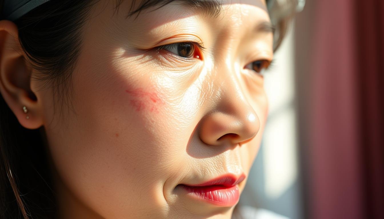 A close-up view of a person's face showing skin impressions caused by a sleep apnea mask, showcasing localized pressure marks around the nose and cheeks. The subject is a middle-aged Asian woman, capturing a moment of early morning light streaming in, which emphasizes the delicate textures of her skin. In the foreground, the pressure marks are clearly visible, while the background is softly blurred to accentuate her facial features. The mood is contemplative and serene, evoking a sense of quiet reflection on the effects of medical devices. The image should reflect the nuances of skin texture with natural colors and soft lighting, using a shallow depth of field to bring focus to the skin impressions.