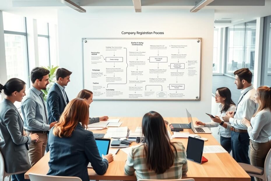 A detailed illustration of the company registration process, depicted in a contemporary office setting. In the foreground, a diverse group of professionals in business attire are gathered around a large table filled with documents, tablets, and laptops, actively discussing steps involved in starting a company. The middle ground features a wall-mounted whiteboard with flowcharts outlining the registration steps, creating a clear visual guide. The background reveals an open office space with large windows allowing soft, natural light to illuminate the scene, creating a warm and collaborative atmosphere. The angle captures the dynamic interaction among the team, emphasizing teamwork and focus, while maintaining a professional and organized setting that reflects the subject of company registration procedures.