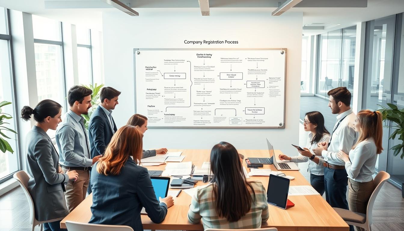 A detailed illustration of the company registration process, depicted in a contemporary office setting. In the foreground, a diverse group of professionals in business attire are gathered around a large table filled with documents, tablets, and laptops, actively discussing steps involved in starting a company. The middle ground features a wall-mounted whiteboard with flowcharts outlining the registration steps, creating a clear visual guide. The background reveals an open office space with large windows allowing soft, natural light to illuminate the scene, creating a warm and collaborative atmosphere. The angle captures the dynamic interaction among the team, emphasizing teamwork and focus, while maintaining a professional and organized setting that reflects the subject of company registration procedures.