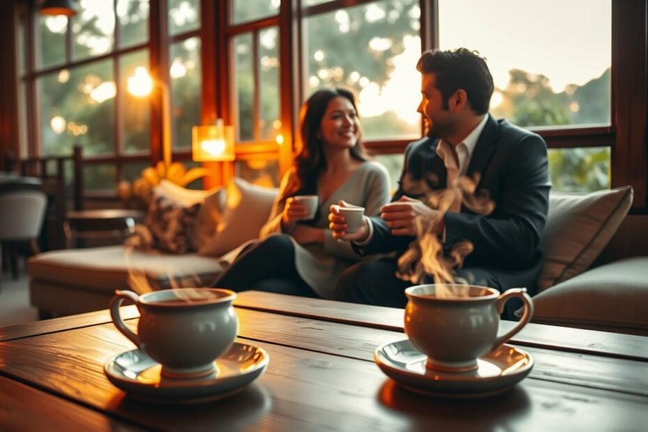 A peaceful scene depicting a cozy teahouse during golden hour, where a well-dressed couple enjoys a serene moment over cups of tea. In the foreground, a wooden table with two beautifully crafted tea sets, steam gently rising from the freshly poured tea. The middle ground features the couple, dressed in casual yet elegant attire, exchanging smiles while surrounded by soft cushions and warm, ambient lighting. The background showcases lush greenery through large windows, creating a harmonious blend of indoor comfort and outdoor tranquility. The overall mood is intimate, fostering a sense of relaxation and connection, with a cinematic quality in the warm lighting and rich colors.
