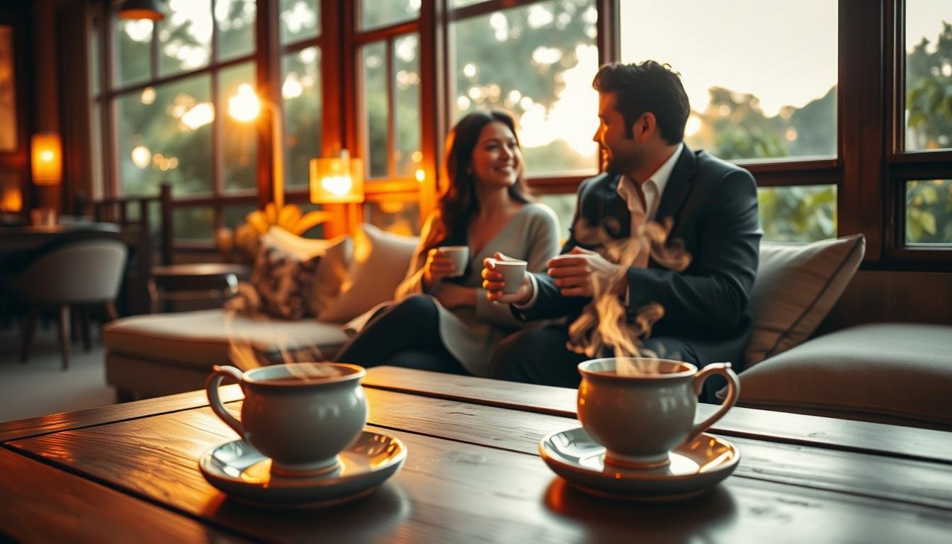 A peaceful scene depicting a cozy teahouse during golden hour, where a well-dressed couple enjoys a serene moment over cups of tea. In the foreground, a wooden table with two beautifully crafted tea sets, steam gently rising from the freshly poured tea. The middle ground features the couple, dressed in casual yet elegant attire, exchanging smiles while surrounded by soft cushions and warm, ambient lighting. The background showcases lush greenery through large windows, creating a harmonious blend of indoor comfort and outdoor tranquility. The overall mood is intimate, fostering a sense of relaxation and connection, with a cinematic quality in the warm lighting and rich colors.