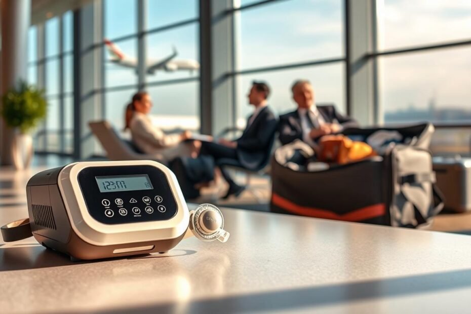 A compact, high-tech travel CPAP machine showcased on a stylish, organized travel bag. In the foreground, the CPAP machine is elegantly displayed, featuring a sleek design with buttons and a digital display. The bag, slightly open, reveals organized compartments holding travel essentials, emphasizing space-saving efficiency. In the middle ground, a serene travel scene unfolds, with soft natural lighting illuminating a cozy airport lounge. Travelers in professional business attire are seen relaxing, showcasing a sense of ease and convenience. The background features large windows revealing an expansive view of airplanes outside, creating a sense of wanderlust. The overall mood is calm and inviting, highlighting the advantages of renting a travel CPAP machine for easier journeys instead of carrying bulky home equipment.