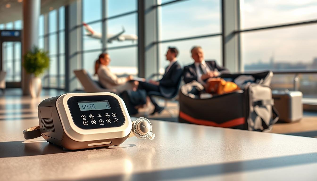 A compact, high-tech travel CPAP machine showcased on a stylish, organized travel bag. In the foreground, the CPAP machine is elegantly displayed, featuring a sleek design with buttons and a digital display. The bag, slightly open, reveals organized compartments holding travel essentials, emphasizing space-saving efficiency. In the middle ground, a serene travel scene unfolds, with soft natural lighting illuminating a cozy airport lounge. Travelers in professional business attire are seen relaxing, showcasing a sense of ease and convenience. The background features large windows revealing an expansive view of airplanes outside, creating a sense of wanderlust. The overall mood is calm and inviting, highlighting the advantages of renting a travel CPAP machine for easier journeys instead of carrying bulky home equipment.