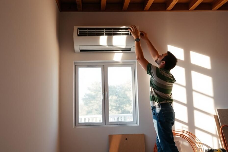 A skilled technician installing an air conditioning unit in a residential space, focused on precision. In the foreground, the technician, dressed in work attire, is carefully aligning the indoor unit on the wall, tools visible at their feet. The middle ground features the air conditioning unit and a partially open window, through which sunlight filters in, casting soft shadows on the wall. In the background, there is a neatly organized workspace with additional equipment and materials like copper tubing and insulation, suggesting an ongoing installation process. The overall atmosphere is professional and focused, with a sense of lightness from the natural light, emphasizing a clean and efficient working environment.
