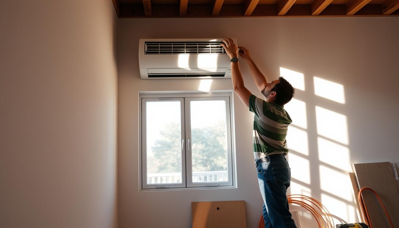 A skilled technician installing an air conditioning unit in a residential space, focused on precision. In the foreground, the technician, dressed in work attire, is carefully aligning the indoor unit on the wall, tools visible at their feet. The middle ground features the air conditioning unit and a partially open window, through which sunlight filters in, casting soft shadows on the wall. In the background, there is a neatly organized workspace with additional equipment and materials like copper tubing and insulation, suggesting an ongoing installation process. The overall atmosphere is professional and focused, with a sense of lightness from the natural light, emphasizing a clean and efficient working environment.