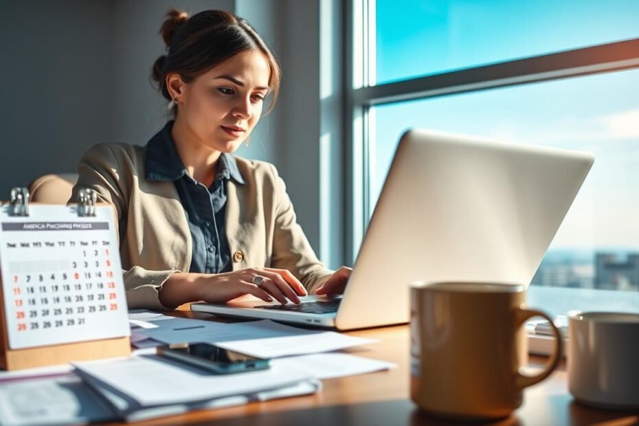 A well-organized scene depicting a professional woman in modest business attire, sitting at a sleek desk with a laptop open in front of her, intently tracking a shipment on a website for "American Purchasing Progress." In the foreground, she is surrounded by scattered documents and a smartphone displaying notifications. The middle ground features a soft-focus calendar and a coffee mug, suggesting a busy work environment. In the background, a large window shows a clear blue sky, symbolizing positivity and hope. The lighting is bright and airy, casting gentle shadows that create a focused atmosphere. The overall mood is one of determination and professionalism, reflecting the urgency and importance of staying updated on order statuses amidst delays.