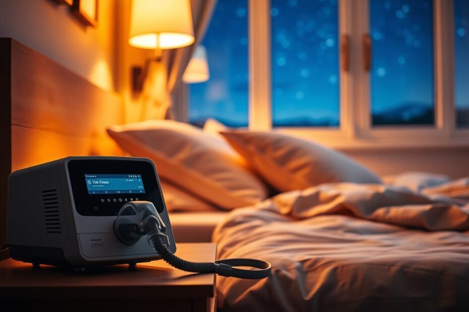A cozy bedroom setting at night, softly illuminated by warm ambient light. In the foreground, a sleek, modern sleep apnea machine is elegantly placed on a nightstand, with a connected CPAP mask resting beside it. The middle ground features a comfortable bed with plush pillows and a neatly made blanket, suggesting a peaceful sleeping environment. A window in the background reveals a serene night sky filled with stars, creating a calming atmosphere. The overall mood is one of tranquility and wellness, emphasizing the importance of quality nighttime breathing. The lighting is soft and inviting, enhancing the warm tones of the room. The scene is captured from a slightly elevated angle, drawing the viewer's eye toward the harmony of technology and comfort in enhancing sleep quality.