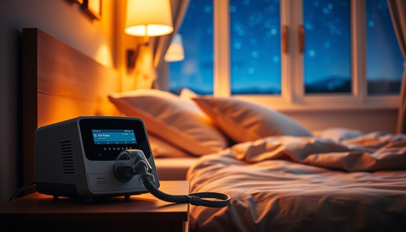 A cozy bedroom setting at night, softly illuminated by warm ambient light. In the foreground, a sleek, modern sleep apnea machine is elegantly placed on a nightstand, with a connected CPAP mask resting beside it. The middle ground features a comfortable bed with plush pillows and a neatly made blanket, suggesting a peaceful sleeping environment. A window in the background reveals a serene night sky filled with stars, creating a calming atmosphere. The overall mood is one of tranquility and wellness, emphasizing the importance of quality nighttime breathing. The lighting is soft and inviting, enhancing the warm tones of the room. The scene is captured from a slightly elevated angle, drawing the viewer's eye toward the harmony of technology and comfort in enhancing sleep quality.