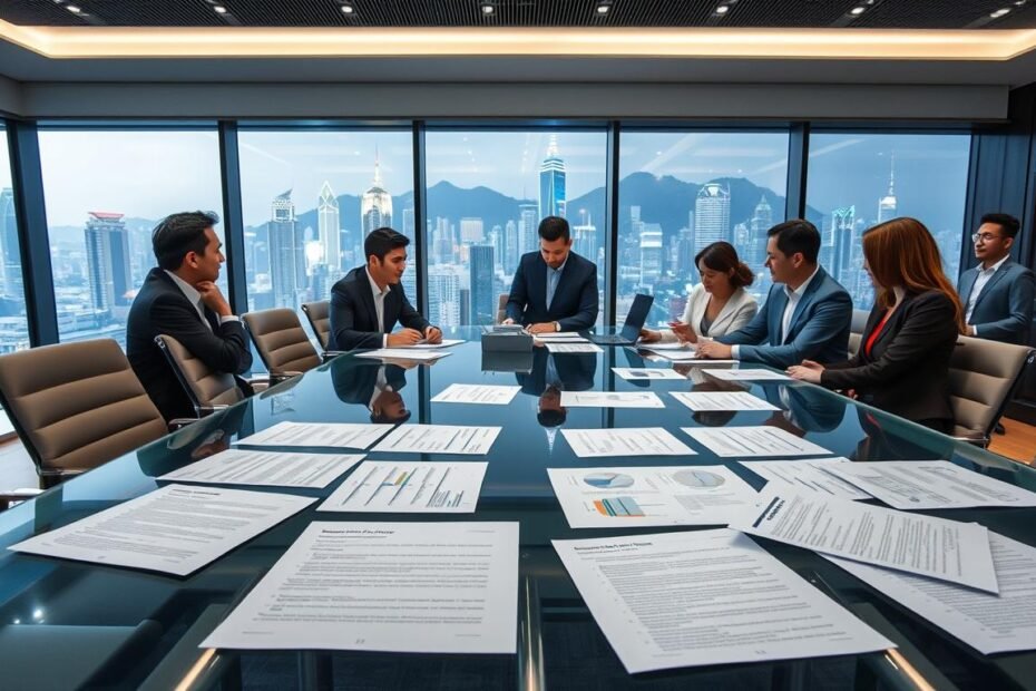 A modern office space in Central Hong Kong, showcasing a stylish conference room with a large glass table and sleek chairs. The foreground features detailed documents with leasing terms and contract details scattered across the table, including diagrams and charts. In the middle ground, a diverse group of professionals in business attire discussing and analyzing the documents, their expressions focused and engaged. The background reveals a panoramic view of the iconic Hong Kong skyline through large windows, with the city’s vibrant lights illuminating the room. Soft, ambient lighting enhances the contemporary atmosphere, creating a sense of professionalism and urgency. Captured from a slightly elevated angle for an overview effect.