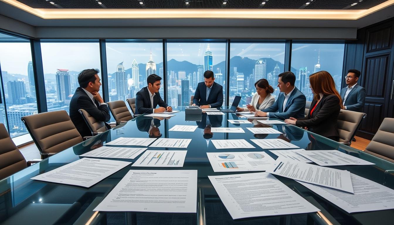 A modern office space in Central Hong Kong, showcasing a stylish conference room with a large glass table and sleek chairs. The foreground features detailed documents with leasing terms and contract details scattered across the table, including diagrams and charts. In the middle ground, a diverse group of professionals in business attire discussing and analyzing the documents, their expressions focused and engaged. The background reveals a panoramic view of the iconic Hong Kong skyline through large windows, with the city’s vibrant lights illuminating the room. Soft, ambient lighting enhances the contemporary atmosphere, creating a sense of professionalism and urgency. Captured from a slightly elevated angle for an overview effect.