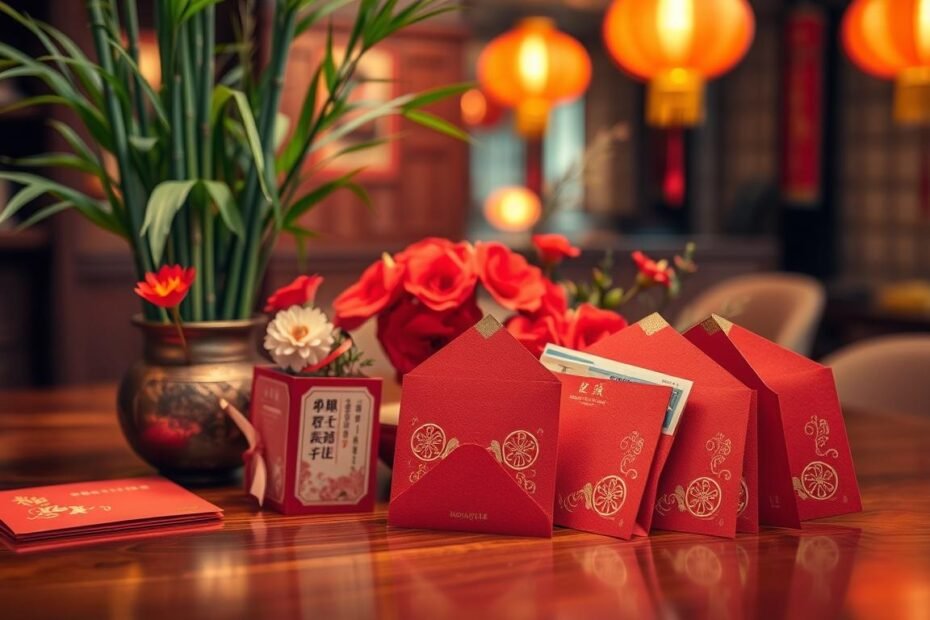 A visually captivating scene showcasing traditional red envelopes, or 'hongbao', arranged elegantly on a rich wooden table. In the foreground, several red envelopes, embellished with gold designs, are open to reveal varying amounts of money, symbolizing choices and significance. The middle ground features decorations like bamboo plants and festive flowers, representing cultural heritage. The background should be softly blurred, hinting at a warmly lit room with Chinese lanterns hanging in soft focus, creating a celebratory atmosphere. The scene is illuminated with warm, gentle lighting to evoke feelings of joy and festivity. Capture this moment from a slightly elevated angle to emphasize the envelopes and their intricate designs, inviting viewers to reflect on the deeper meanings behind the monetary choices in traditional gift-giving practices.