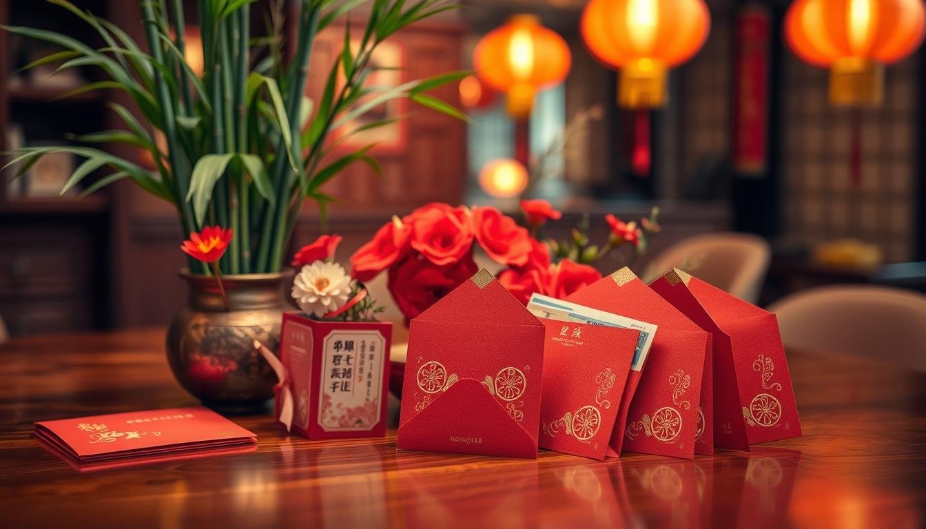A visually captivating scene showcasing traditional red envelopes, or 'hongbao', arranged elegantly on a rich wooden table. In the foreground, several red envelopes, embellished with gold designs, are open to reveal varying amounts of money, symbolizing choices and significance. The middle ground features decorations like bamboo plants and festive flowers, representing cultural heritage. The background should be softly blurred, hinting at a warmly lit room with Chinese lanterns hanging in soft focus, creating a celebratory atmosphere. The scene is illuminated with warm, gentle lighting to evoke feelings of joy and festivity. Capture this moment from a slightly elevated angle to emphasize the envelopes and their intricate designs, inviting viewers to reflect on the deeper meanings behind the monetary choices in traditional gift-giving practices.